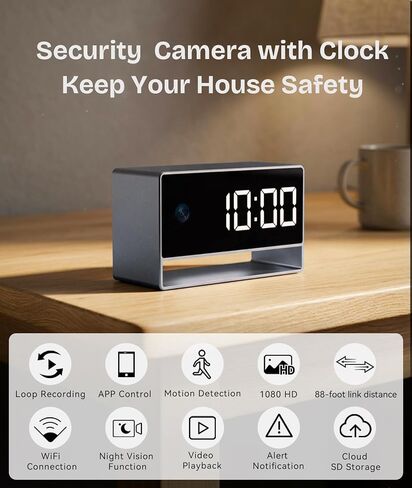 1080p HD WiFi Wireless Indoor Security Cam with Night Vision, Indoor Camera with Clock with App Control, Nanny Cam with AI Motion Detection, Loop Recording, Local & Cloud Storage for Home, Easy to Use in Kuwait