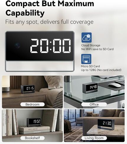 1080p HD WiFi Wireless Indoor Security Cam with Night Vision, Indoor Camera with Clock with App Control, Nanny Cam with AI Motion Detection, Loop Recording, Local & Cloud Storage for Home, Easy to Use in Kuwait