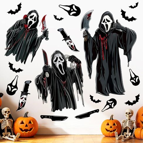 Horror Movie Wall Decals Peel and Stick - Spooky Ghost Killer Masks Knives | Bats Blood Splatter Stickers for Halloween Party Decor, Bedroom, Game Room, Window, Haunted House Display in Kuwait