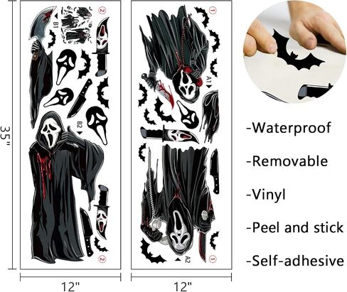 Horror Movie Wall Decals Peel and Stick - Spooky Ghost Killer Masks Knives | Bats Blood Splatter Stickers for Halloween Party Decor, Bedroom, Game Room, Window, Haunted House Display in Kuwait