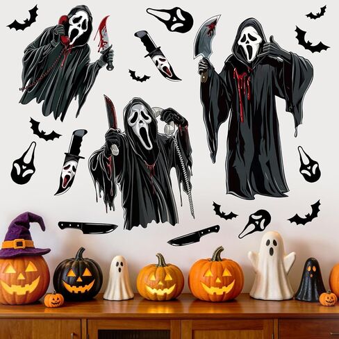 Horror Movie Wall Decals Peel and Stick - Spooky Ghost Killer Masks Knives | Bats Blood Splatter Stickers for Halloween Party Decor, Bedroom, Game Room, Window, Haunted House Display in Kuwait
