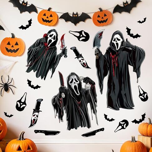 Horror Movie Wall Decals Peel and Stick - Spooky Ghost Killer Masks Knives | Bats Blood Splatter Stickers for Halloween Party Decor, Bedroom, Game Room, Window, Haunted House Display in Kuwait