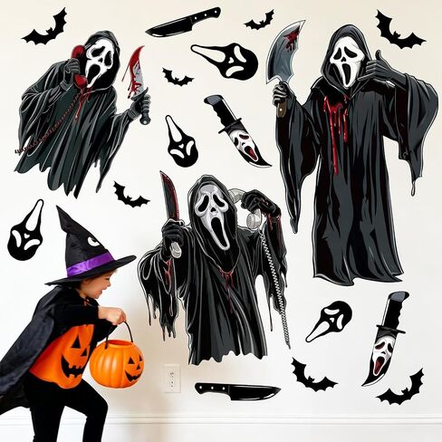 Horror Movie Wall Decals Peel and Stick - Spooky Ghost Killer Masks Knives | Bats Blood Splatter Stickers for Halloween Party Decor, Bedroom, Game Room, Window, Haunted House Display in Kuwait