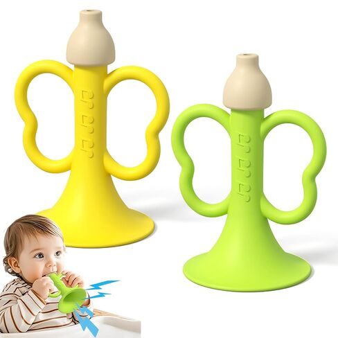 Baby Trumpet Toy 2PCS Silicone Horn Blowing Toy Toddler Whistle | Baby whistle Teething Toys 6-12 Months with yellow&green for Sensory play, Easy Grip Infant Horn toy 0-6 Months Newborn Gift in Saudi Arabia