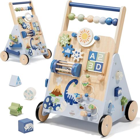 Lehoo Castle Dinosaur Wooden Baby Walker, Adjustable Speed Baby Push Walker | Baby Walking Toy with 10-in-1 Activity Center, Montessori Walker Toy for 1 Year Old Boy Learning to Walk in Saudi Arabia