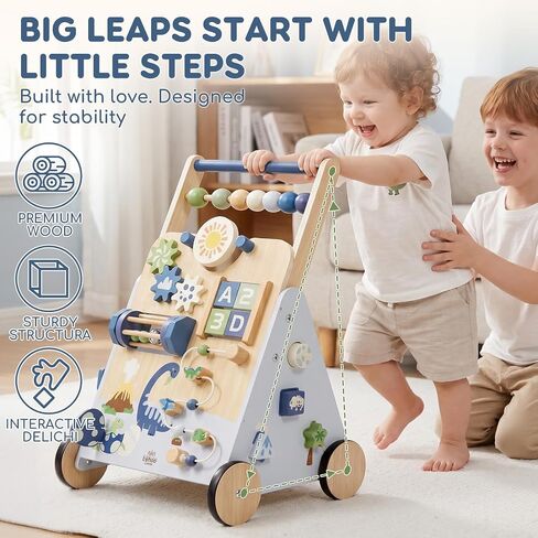 Lehoo Castle Dinosaur Wooden Baby Walker, Adjustable Speed Baby Push Walker | Baby Walking Toy with 10-in-1 Activity Center, Montessori Walker Toy for 1 Year Old Boy Learning to Walk in Saudi Arabia