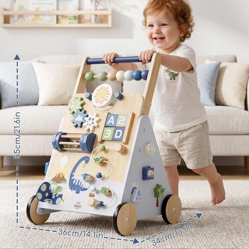 Lehoo Castle Dinosaur Wooden Baby Walker, Adjustable Speed Baby Push Walker | Baby Walking Toy with 10-in-1 Activity Center, Montessori Walker Toy for 1 Year Old Boy Learning to Walk in Saudi Arabia