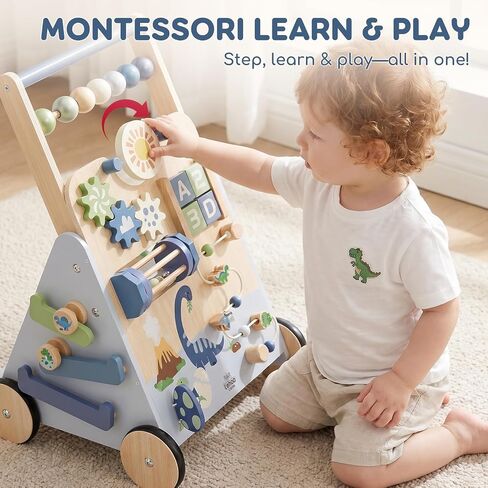Lehoo Castle Dinosaur Wooden Baby Walker, Adjustable Speed Baby Push Walker | Baby Walking Toy with 10-in-1 Activity Center, Montessori Walker Toy for 1 Year Old Boy Learning to Walk in Saudi Arabia