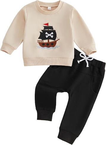 Halloween Baby Boy Outfit Toddler Fall Winter Clothes Pirate Themed Embroidery Long Sleeve Sweatshirt and Pants Set in Kuwait
