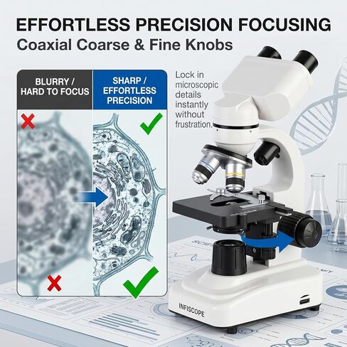 Binocular Compound Microscope 40X-400X for Students & Adults - Coaxial Coarse & Fine Focus, 360° Rotatable Head, Dual LED Illumination, Type-C/Battery Powered - Biology & Science Education in Kuwait