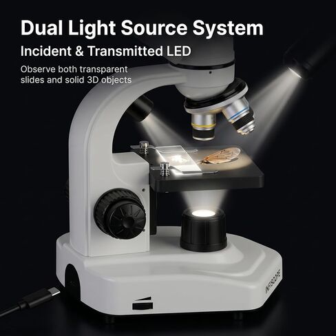 Binocular Compound Microscope 40X-400X for Students & Adults - Coaxial Coarse & Fine Focus, 360° Rotatable Head, Dual LED Illumination, Type-C/Battery Powered - Biology & Science Education in Kuwait