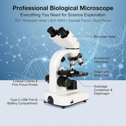 Binocular Compound Microscope 40X-400X for Students & Adults - Coaxial Coarse & Fine Focus, 360° Rotatable Head, Dual LED Illumination, Type-C/Battery Powered - Biology & Science Education in Kuwait