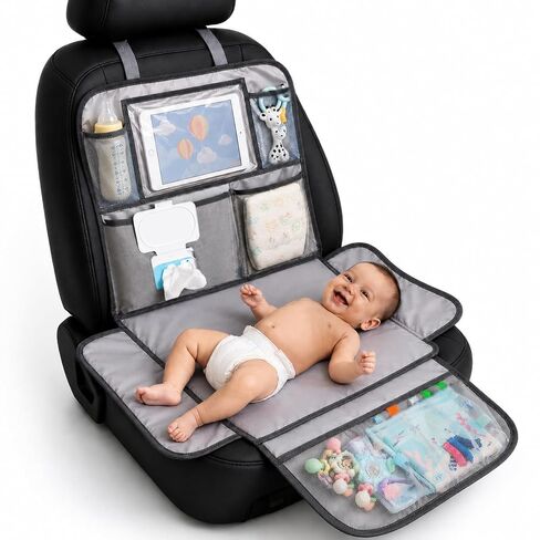 Baby Diaper Changing Station for Car & Backseat Organizer - Large Portable Baby Changing Pad for Travel with 4 Pockets, Clear Tablet Viewer, Waterproof Mat, Newborn Road Trip Essentials in Kuwait