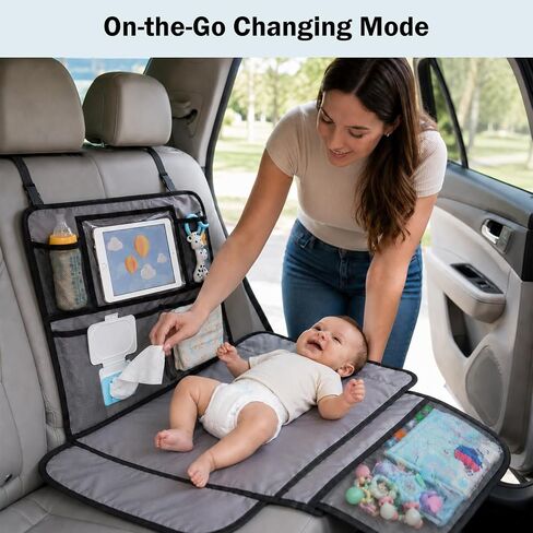 Baby Diaper Changing Station for Car & Backseat Organizer - Large Portable Baby Changing Pad for Travel with 4 Pockets, Clear Tablet Viewer, Waterproof Mat, Newborn Road Trip Essentials in Kuwait