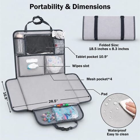 Baby Diaper Changing Station for Car & Backseat Organizer - Large Portable Baby Changing Pad for Travel with 4 Pockets, Clear Tablet Viewer, Waterproof Mat, Newborn Road Trip Essentials in Kuwait