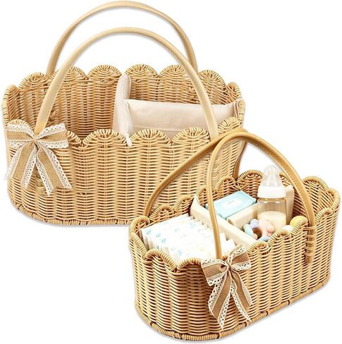 2pcs Rattella Premium Scalloped Rattan Baby Diaper Caddy Organizer 16.14*10*7.2/13.9*8*6in Handwoven Wicker Nursery Storage Basket with Removable Divider & Gift Bow - Boho Baby Registry (Khaki 2) in Kuwait