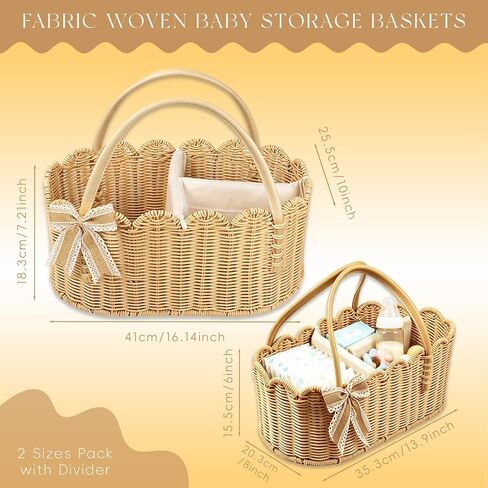 2pcs Rattella Premium Scalloped Rattan Baby Diaper Caddy Organizer 16.14*10*7.2/13.9*8*6in Handwoven Wicker Nursery Storage Basket with Removable Divider & Gift Bow - Boho Baby Registry (Khaki 2) in Kuwait