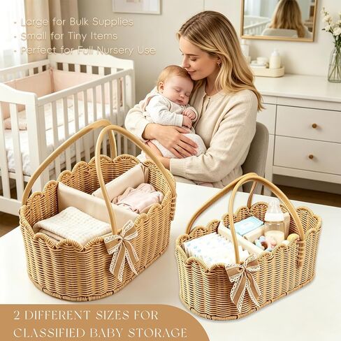 2pcs Rattella Premium Scalloped Rattan Baby Diaper Caddy Organizer 16.14*10*7.2/13.9*8*6in Handwoven Wicker Nursery Storage Basket with Removable Divider & Gift Bow - Boho Baby Registry (Khaki 2) in Kuwait
