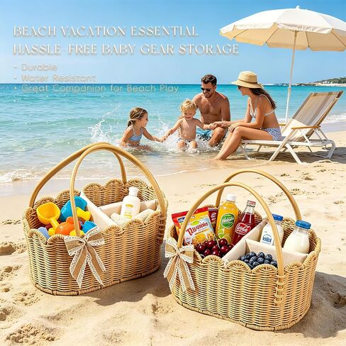 2pcs Rattella Premium Scalloped Rattan Baby Diaper Caddy Organizer 16.14*10*7.2/13.9*8*6in Handwoven Wicker Nursery Storage Basket with Removable Divider & Gift Bow - Boho Baby Registry (Khaki 2) in Kuwait