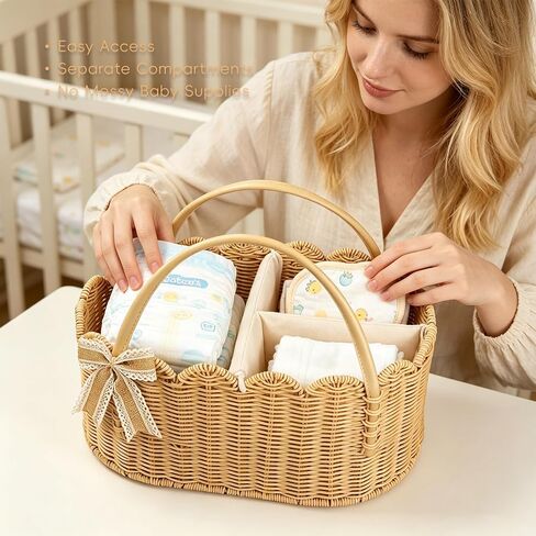 2pcs Rattella Premium Scalloped Rattan Baby Diaper Caddy Organizer 16.14*10*7.2/13.9*8*6in Handwoven Wicker Nursery Storage Basket with Removable Divider & Gift Bow - Boho Baby Registry (Khaki 2) in Kuwait
