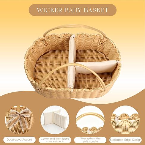 2pcs Rattella Premium Scalloped Rattan Baby Diaper Caddy Organizer 16.14*10*7.2/13.9*8*6in Handwoven Wicker Nursery Storage Basket with Removable Divider & Gift Bow - Boho Baby Registry (Khaki 2) in Kuwait