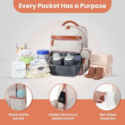 Baby Diaper Bag with Changing Station,Baby Registry Search | Waterproof Diaper Bag Backpack for Moms Dads, Portable Changing Pad, Large Capacity Diaper Bags for Baby Shower Gifts,Beige in Kuwait