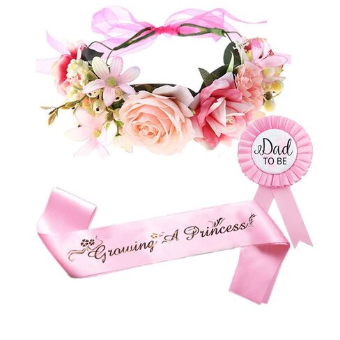 Girls Baby Shower Decoration - Adjustable Flower Crown Tiara and Growing A Princess Sash, Daddy Pin, Pink Party Gifts for Expectant Mom Dad Parents in Saudi Arabia