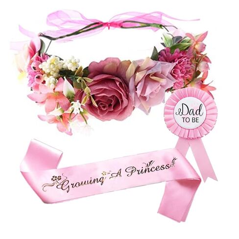 Girls Baby Shower Decoration - Adjustable Flower Crown Tiara and Growing A Princess Sash, Daddy Pin, Pink Party Gifts for Expectant Mom Dad Parents in Kuwait