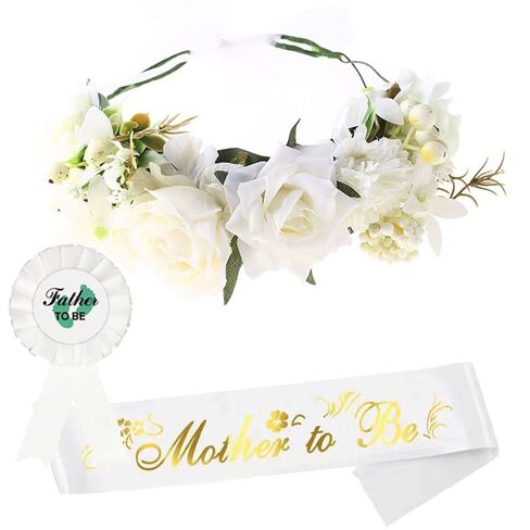 Girls Baby Shower Decoration - Adjustable Flower Crown Tiara and Growing A Princess Sash, Daddy Pin, Pink Party Gifts for Expectant Mom Dad Parents in Kuwait