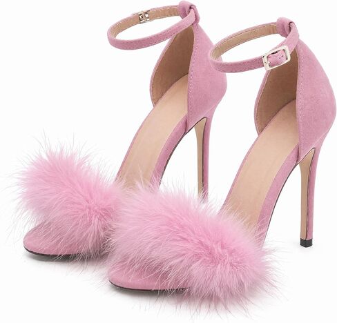 Women's Sexy Heeled Sandals Fluffy Feather Open Toe Stiletto High Heels | Ankle Strap Buckle Shoes for the Bedroom Wedding Party Dance Evening Date Night Lingerie Cocktail Club Fuzzy Faux Fur in Saudi Arabia