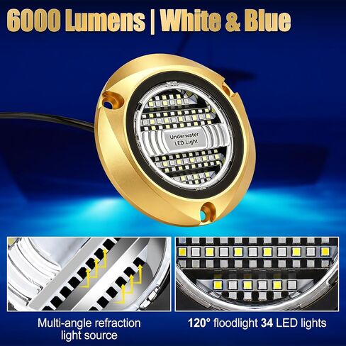 Underwater Boat Lights, 6000 Lumens Marine LED Light | Dual Color White & Blue Led Underwater Lights for Boat IP68 Waterproof, Marine-Grade Bronze and Heat-Tempered Glass in Saudi Arabia