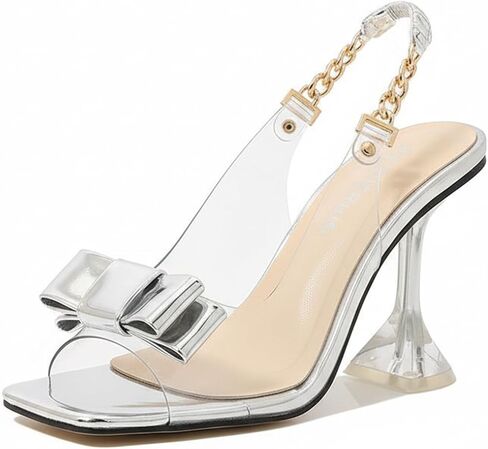 Women'S Bow Clear Strappy High Heel Sandals With Metal Ankle Strap Fashion Square Open Toe Anti Slip Stiletto Dress Party Shoes For Weddings Banquets Birthdays Nightclubs in Kuwait
