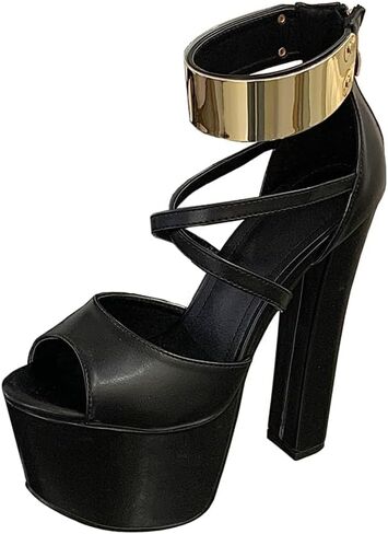 Black Strappy Heels for Women Sexy Platform Open Toe Heels 6.3 Inch, Gold Ankle Strap Zipper Dressy Shoes Stripper Party Prom Chunky Heeled Sandals in Saudi Arabia