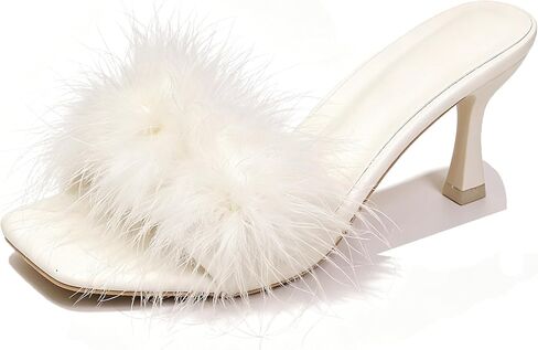 Women's Feather Kitten Heel Sandals Square Fluffy Open Toe Slip On Stiletto Slides for Summer Party Wedding Prom Slippers in Kuwait