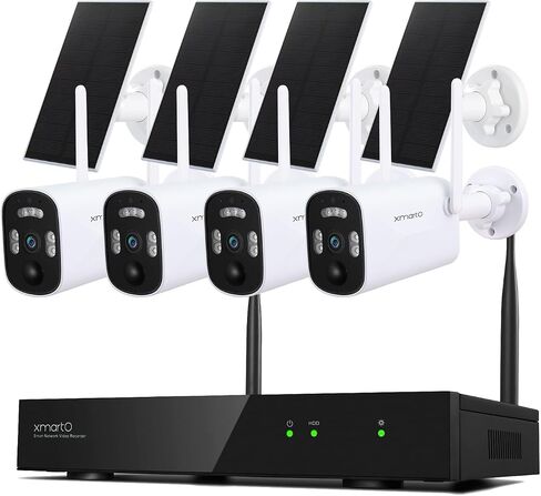 xmartO WiFi 6 Long Range Wire-Free Solar Home Security Camera System Wireless, 4-Set 4MP QHD CCTV Camera Kit with 4K 10CH Expandable WiFi NVR(Suitable for Indoors/Outdoors) in Kuwait