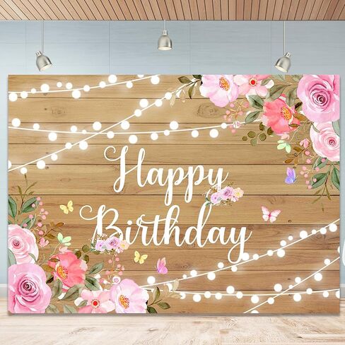 Happy Birthday Backdrop Banner for Women Rustic Wooden 7X5ft (84x59 inch) Large Happy Birthday Banner Decorations Pink Floral Party Decoration Background for 20th 30th Women Girl in Saudi Arabia