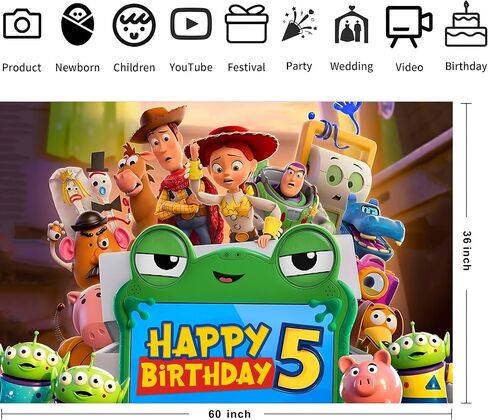 Cartoon for Toy Inspired Story 2026 Background Birthday Decorations, Happy Birthday Banner Backdrop for Dragon Birthday Party Supplies, Polyester Fabric (5x3ft) in Kuwait