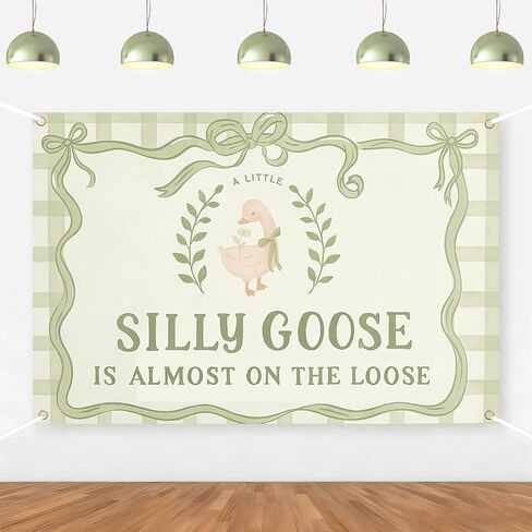 ZestZing Silly Goose Baby Shower Backdrop Decorations 5 * 3ft | A Little Silly Goose Is Almost on the Loose Banner Background Sage Green Bow Gingham Cute Neutral Farm Animal Banner Vinyl in Kuwait