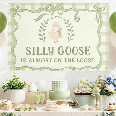 ZestZing Silly Goose Baby Shower Backdrop Decorations 5 * 3ft | A Little Silly Goose Is Almost on the Loose Banner Background Sage Green Bow Gingham Cute Neutral Farm Animal Banner Vinyl in Kuwait