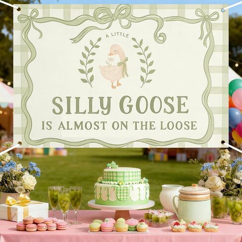 ZestZing Silly Goose Baby Shower Backdrop Decorations 5 * 3ft | A Little Silly Goose Is Almost on the Loose Banner Background Sage Green Bow Gingham Cute Neutral Farm Animal Banner Vinyl in Kuwait