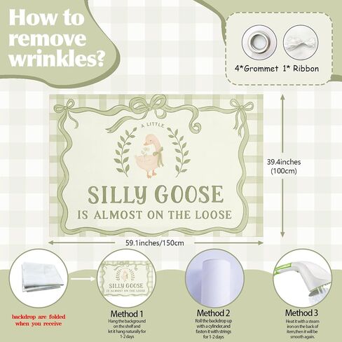 ZestZing Silly Goose Baby Shower Backdrop Decorations 5 * 3ft | A Little Silly Goose Is Almost on the Loose Banner Background Sage Green Bow Gingham Cute Neutral Farm Animal Banner Vinyl in Kuwait