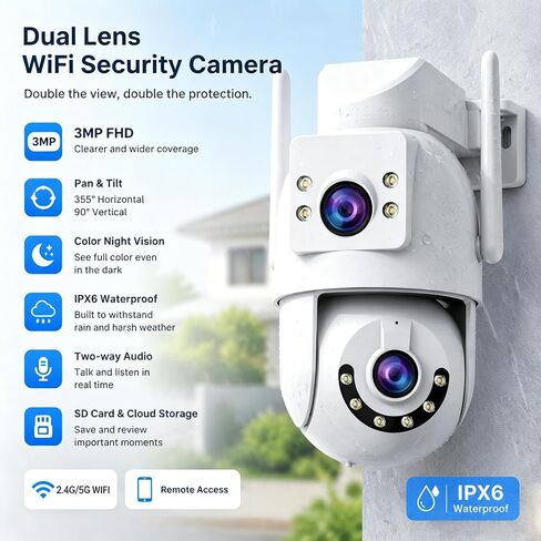 JOOAN 3MP FHD Dual Lens Security Camera Outdoor, WiFi PTZ Smart Home Surveillance Camera with 360° Pan Tilt, Dual Screen View, Color Night Vision, AI Human Detection, 2-Way Audio, IPX6 Waterproof in Kuwait