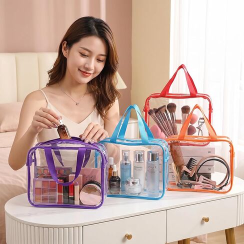 4 Pcs Multicolor Clear Makeup Bag Set 11.8"x8.8"x3.9", Thickened 0.4mm Waterproof PVC Toiletry Organizer with Metal Zipper & Handle, Reusable Storage Bag for Travel Gym Home in Kuwait