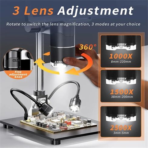 USB Microscope, Microscope, 2500x Digital 3 Lens 2K Video Camera 10.1 Inch IPS Screen DIY Electronics Mobile Phone Repair Soldering Tools in Saudi Arabia