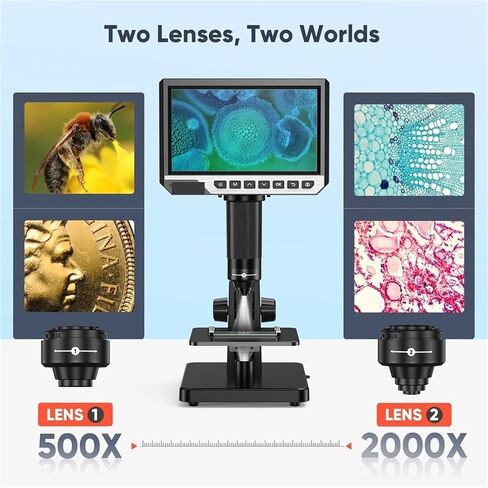 USB Microscope, Microscope, Digital Scope 2000x 7 Inch IPS 12MP 1080P Lab Biological Camera Dual Lens with Remote Control in Saudi Arabia