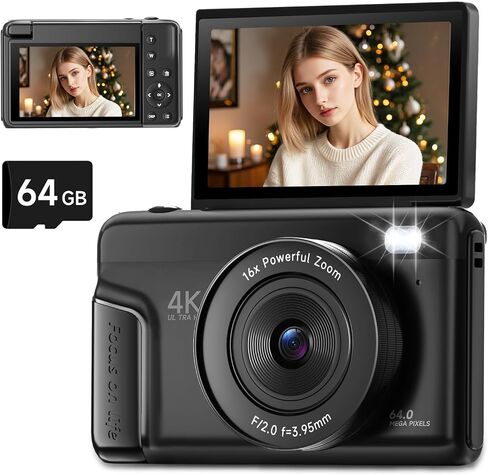 4K Digital Camera 180° Flip Screen Autofocus 64MP 16X Zoom, Black | 4K Video Recording, 64GB Card, Built-In Flash, Vlogging Camera for YouTube Photography, Compact Travel Camera for Beginner in Saudi Arabia