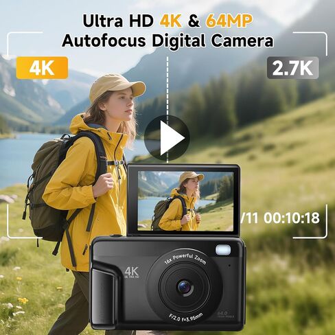 4K Digital Camera 180° Flip Screen Autofocus 64MP 16X Zoom, Black | 4K Video Recording, 64GB Card, Built-In Flash, Vlogging Camera for YouTube Photography, Compact Travel Camera for Beginner in Saudi Arabia