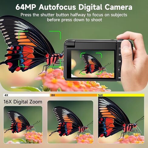 4K Digital Camera 180° Flip Screen Autofocus 64MP 16X Zoom, Black | 4K Video Recording, 64GB Card, Built-In Flash, Vlogging Camera for YouTube Photography, Compact Travel Camera for Beginner in Saudi Arabia
