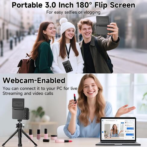 4K Digital Camera 180° Flip Screen Autofocus 64MP 16X Zoom, Black | 4K Video Recording, 64GB Card, Built-In Flash, Vlogging Camera for YouTube Photography, Compact Travel Camera for Beginner in Saudi Arabia