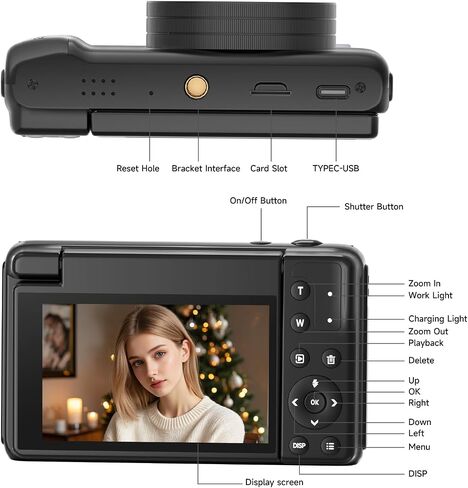 4K Digital Camera 180° Flip Screen Autofocus 64MP 16X Zoom, Black | 4K Video Recording, 64GB Card, Built-In Flash, Vlogging Camera for YouTube Photography, Compact Travel Camera for Beginner in Saudi Arabia